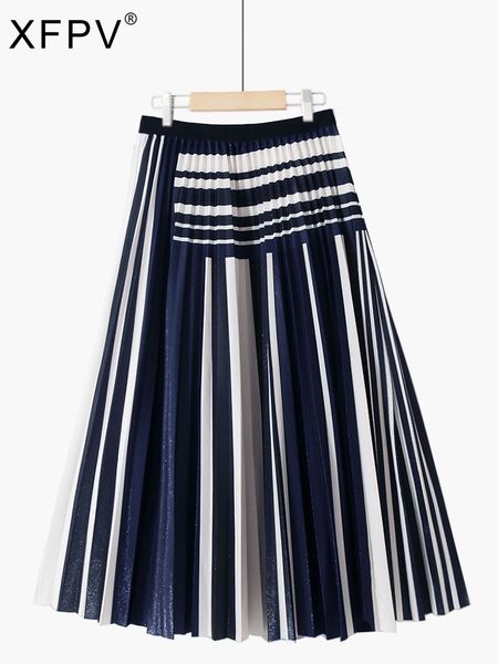 

skirts xfpv autumn summer fashion korean shiny simple elegant pleated striped stitching slim mid-length pleated skirt sm1972 230324, Black