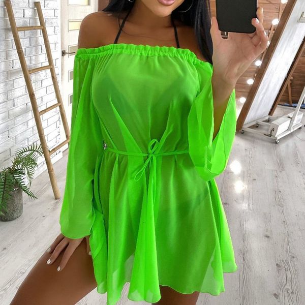 

women's swimwear see through off shoulder bikini cover ups swimwear women long sleeve tie up solid mini dress clubwear holiday beach dr, White;black