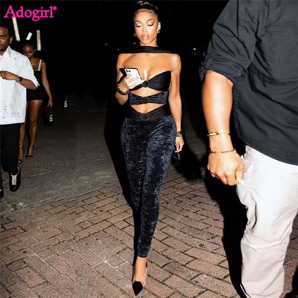 

women's jumpsuits rompers adogirl velvet jumpsuit women hollow out strapless halter backless skinny overalls female night club party ro, Black;white