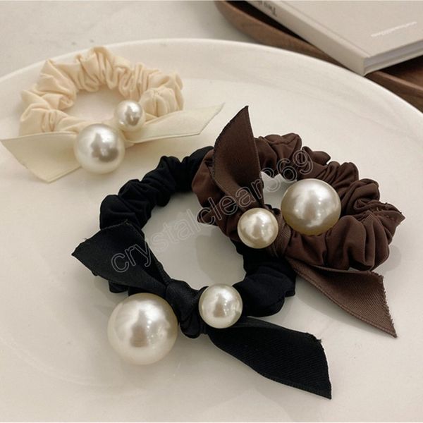 

korean woman fashion big and small pearl bow hair ties girls rubber band elastic hairband scrunchies hair ring rope headwear, Slivery;white