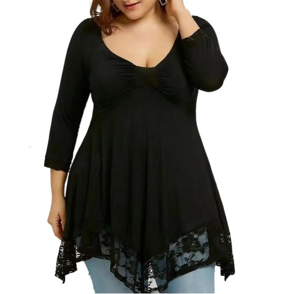 

women's plus size tshirt 5xl floral lace hem tunic t shirt women spring autumn big ruffles irregular peplum oversized blusas 230324, Black