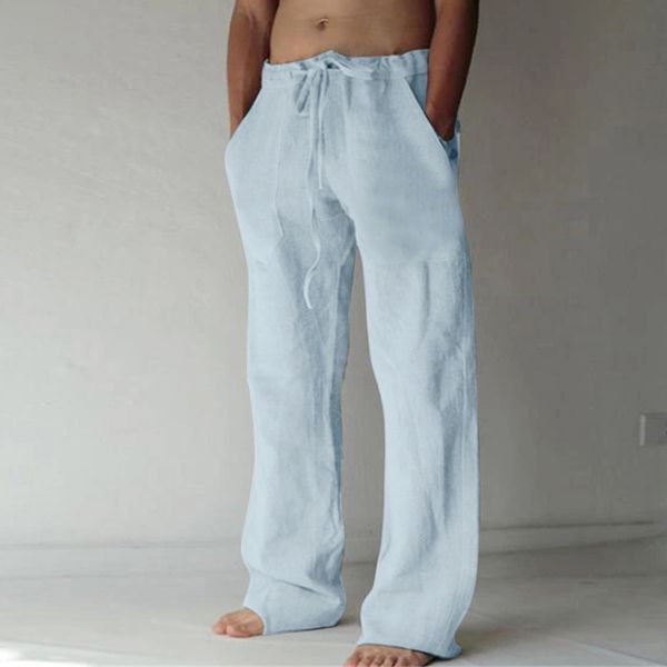 

men's pants casual daily wear solid color summer soft cotton linen mid waist drawstring trousers streetwear bottoms lounge 230324, Black