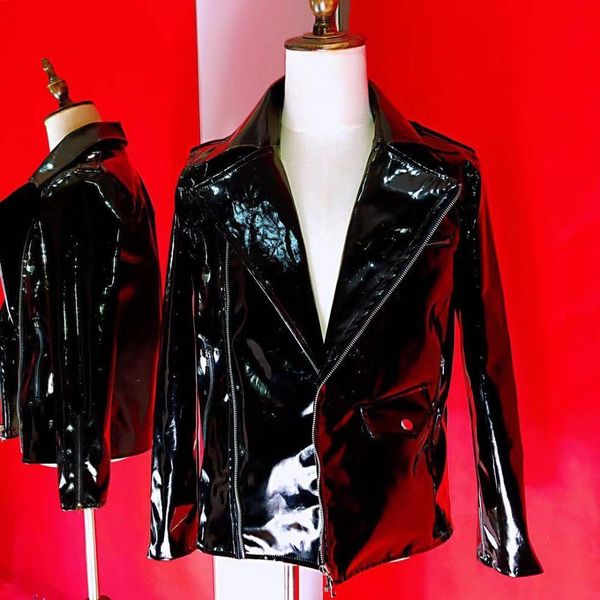 

men's leather faux bar nightclub male singer jacket costume red black patent coat punk style motorcycle fur stage clothes 230324