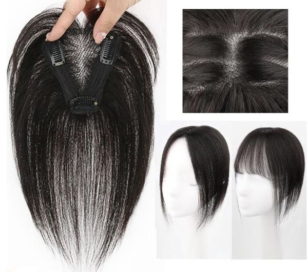 

hairpiece 100% human hair er wiglet for women, cover head or as a bang. 3.5inx4in (9cmx10cm) thin breathable black swiss lace, Black;brown