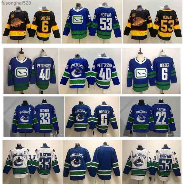 

95 vancouver canucks jersey 40 elias pettersson 6 brock boeser 53 bo horvat 22 daniel sedin black 50th season stitched ice hockey jerseys, Black;red