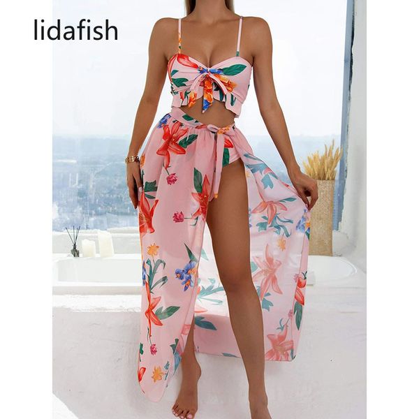 

women's swimwear lidafish print 3 pieces set swimsuit women high waist swimwear lace up bikini set with skirt beachwear bathing suit 23, White;black
