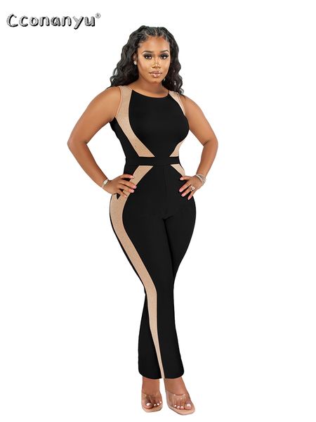 

women's jumpsuits rompers summer rompers bodysuit patcthwork sleeveless long pants outfits elegant female overalls white jumpsuit for w, Black;white