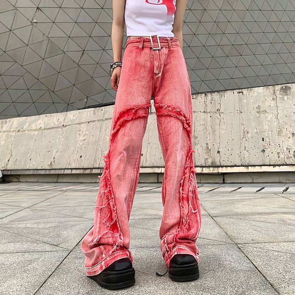 

women's jeans american style vintage washed raw edge fashion high waist casual trousers wide leg jeans women y2k streetwear baggy pink, Blue