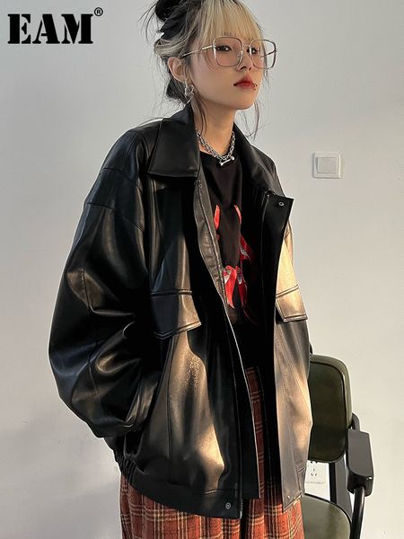 

women's jackets eam loose fit black pocket big size pu leather jacket lapel long sleeve women coat fashion spring autumn 2023 1df4971 2, Black;brown