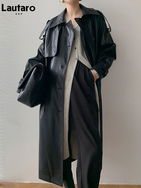 

women's jackets lautaro autumn long oversized black faux leather trench coat for women raglan sleeve double breasted brown korean fashi, Black;brown