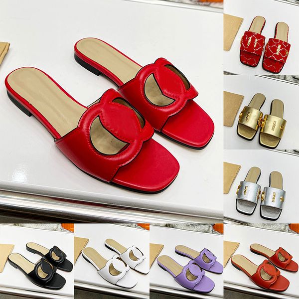 

interlocking hollow slippers for womens ladies fashion luxury leather low heels sandals party casual summer shoes size 36-42 brands slides s, Black