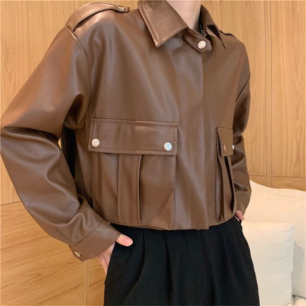 

women's jackets plamtee stylish women locomotive faux pu solid spring vintage mujer office lady high street loose chic casual coats 230, Black;brown