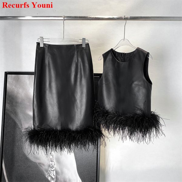 

two piece dress 2 skirts set vest luxury women fur leather suit female wild fashion ostrich feather stitching party show mujer ropa 230324, White