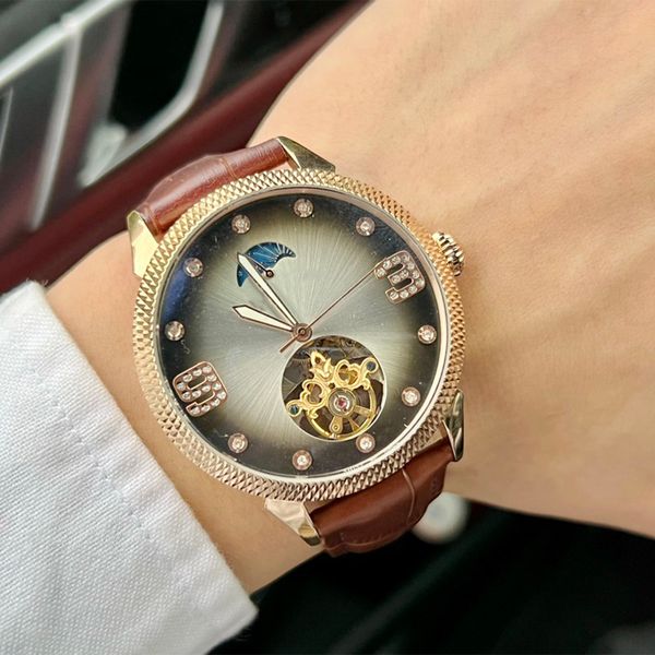 

watch mens watch hollow wristwatch automatic imported mechanical movement wristwatch sapphire wristwatches 42mm fashion watches leather stra, Slivery;brown