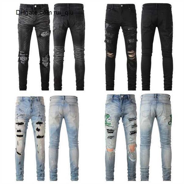 

jeans mens distressed motorcycle biker jean rock skinny slim ripped hole patchwork regular skinny designer high denim black patch, Blue