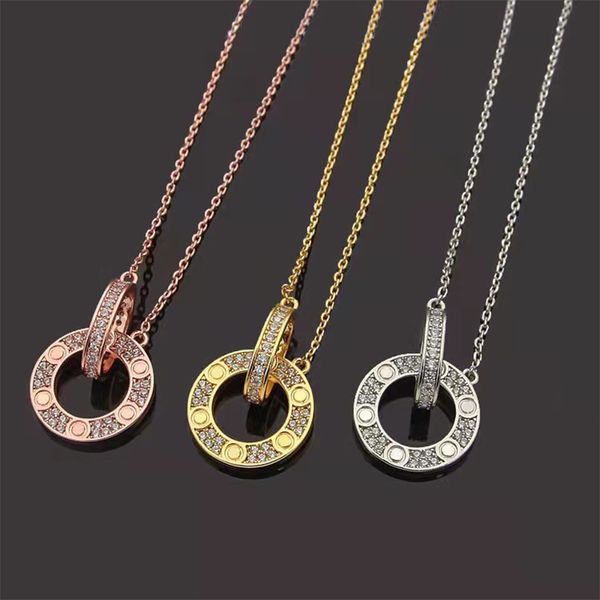 

2023 titanium steel 18k gold luxury crystal pendant necklace women's brand love double ring full diamond necklace designer necklace, Silver