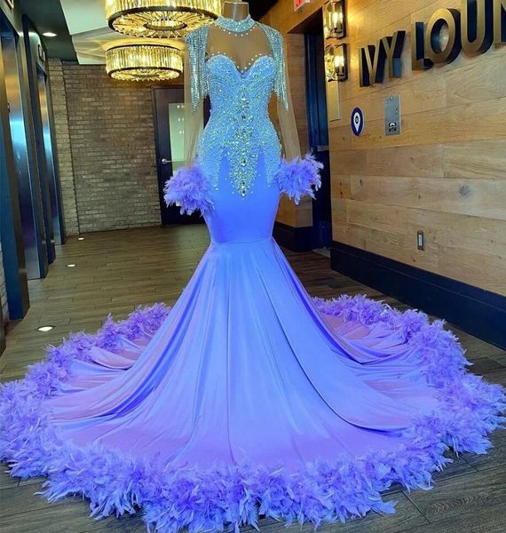 

lilac lavender mermaid long sleeve prom dresses 2023 gillter crystal feather backless aso ebi arabic evening occasion gown, Black