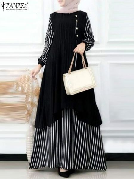 

ethnic clothing zanzea stripe printed muslim dress woman oneck full sleeve button sundress femme fashion casual holiday party long robe 2023, Red