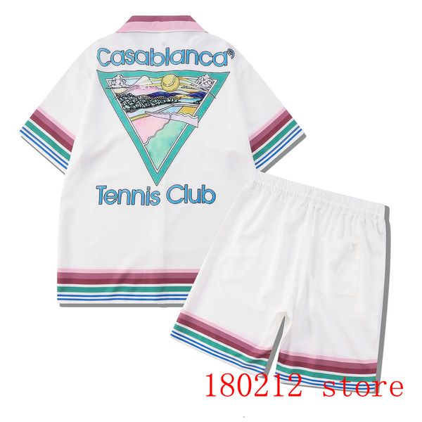 

mens tracksuits colorful stripe casablanca tennis club shorts shirt set men women thic fabric hawaii beach mountain tennis pattern suit 2303, Gray