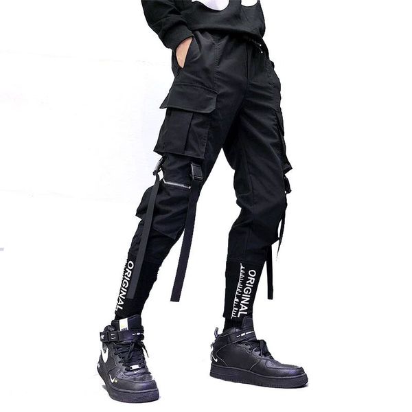 

men's pants hip hop men ribbons cargo pants fashion harajuku elastic waist casual streetwear mens joggers trousers black 230324