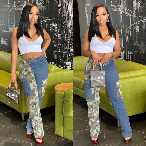 

designer womens pants 2023 denim color contrast personality patch bag straight pants, Blue