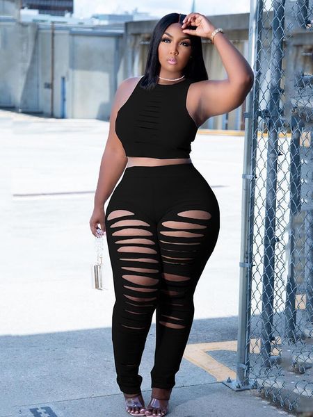 

women's plus size pants 2 piece outfits summer sleeveles set streetwear ladies 5xl wholesale bulk drop 230324, Black