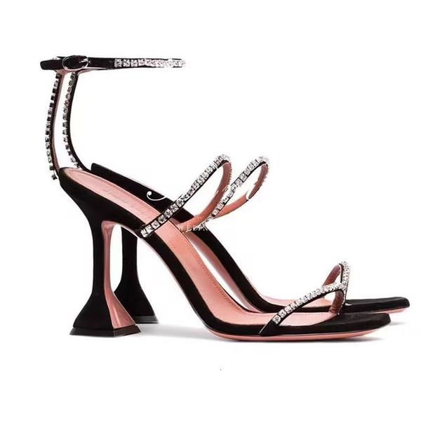 

sandals european and american women's high heels chain decorated satin sandals 230324, Black