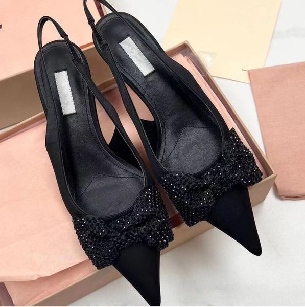 

women rhinestone bow miu cat heel shoes and sandals low-heeled shoes pointy shoes after the empty sandals kitten with ladies banquet holiday, Black
