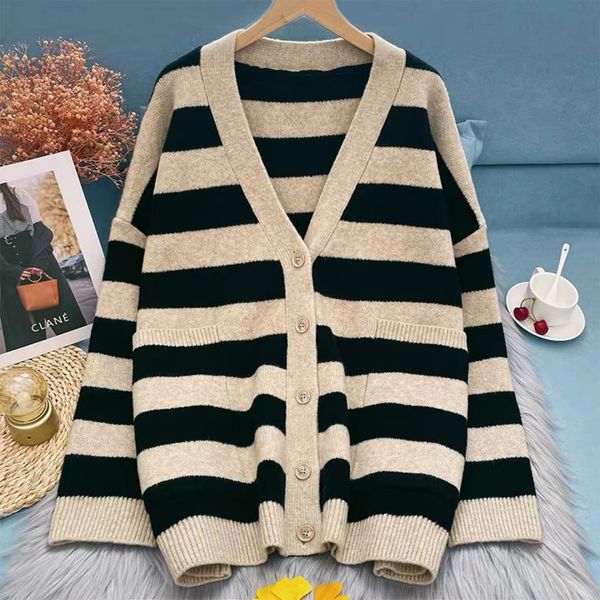 

women's knits tees 2023 fashion japanese and korean stripe splice vneck cardigan sweater coat loose knitted casual versatile coatl37601, White