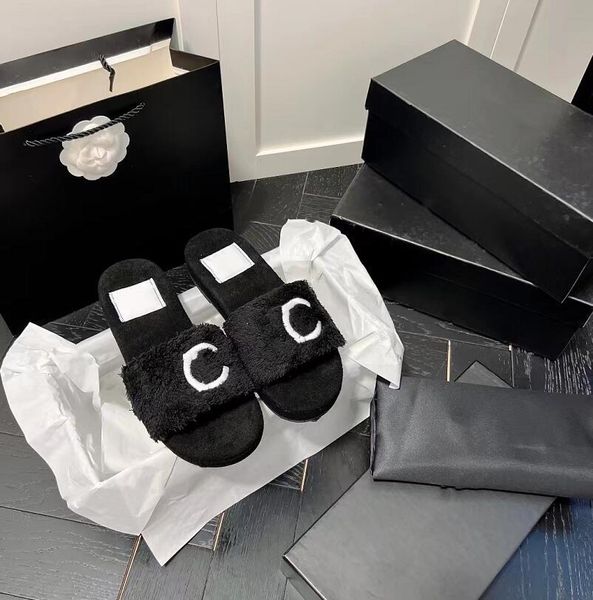

2023 new fashion designer wool slippers fur slides solid color fashion womens flat bottom slipper winter home plush warmth flip-flops sandal, Black