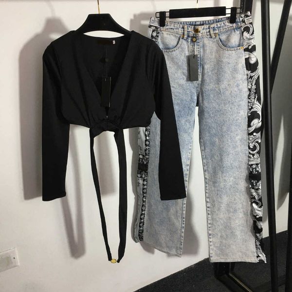 

23ss womens designer clothing long sleeve pants set brand v-neck long sleeve printed side stitching high-waisted denim trousers sets women c, White