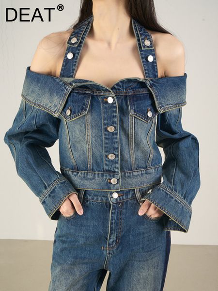 

women's jackets deat fashion women coat halter off shoulder long sleeve single breasted hollow out blue denim jacket spring 2023 17a430, Black;brown