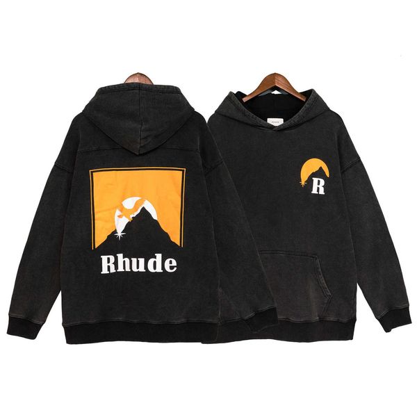 

version high american fashion rhude water wash classic sunset theme print hooded loose sweater for men and women, Black