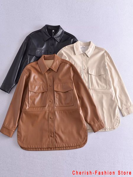 

women's jacket fashion 3 color faux leather blouses coats female long sleeves single breasted with pockets outerwear shirt 230324, Black;brown