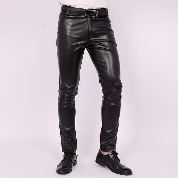 

men's pants men's slim fit skinny pants tight stretch leather pants teen trend motorcycle pu leather pants 230324, Black