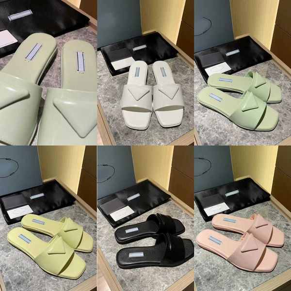 

2023 triangle genuine leather slippers flat slides summer sandals shoes enamel triangle logo flats slip on sandal women luxury designer slid, Black