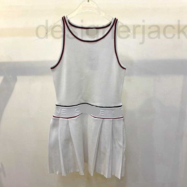 

casual dresses designer early spring new fashion letter partial jacquard stripe contrast round neck knitted tank dress pleated skirt yoed, Black;gray
