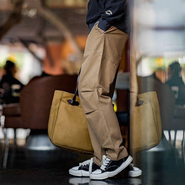 

men's pants maden casual three dimensional double pleated for men amekaji khaki straight cargo oversize trousers baggy techwear 230323, Black