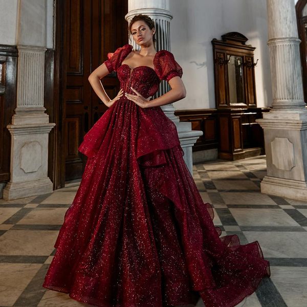 

burgundy beaded prom dresses a line sequined evening gowns with short sleeves sweetheart neckline sweep train tulle formal dress, Black