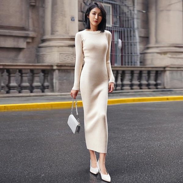 

ethnic clothing women knitted dress female o neck streetwear slim midi length sweater ladies casual elastic waist bodycon es g19 230324, Red