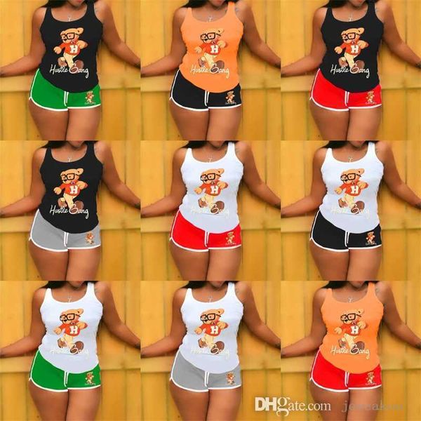 

retail women tracksuits summer yoga outfits 2 piece set bear pattern printed tank and shorts sports suit, Gray