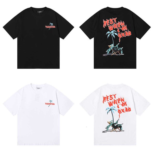 

xiaozhongchao 2023 brand trapstar coconut tree reclining chair comfortable life pattern printed short sleeve t-shirt for men and women, White