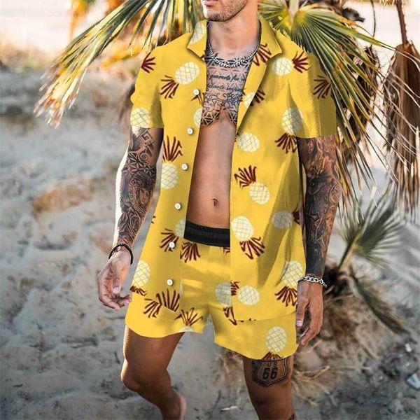 

3d hawaiian style printed short sleeve shirt beach pants set, White;black