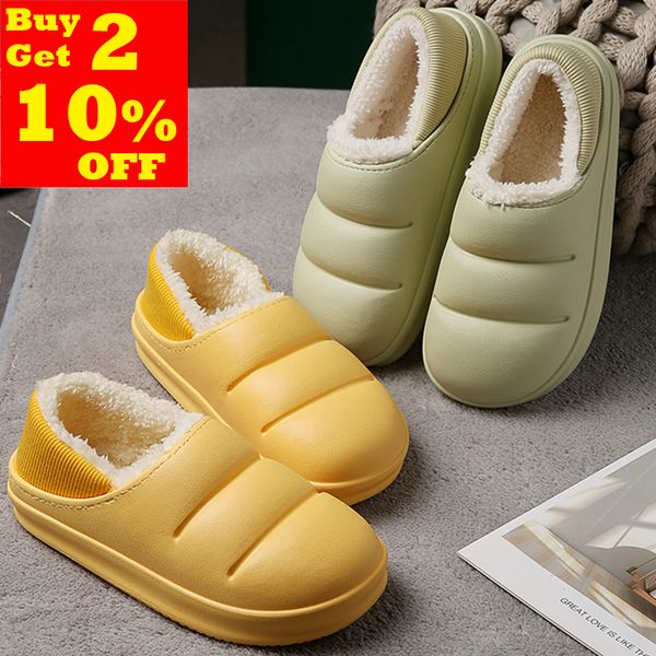 

slippers winter women fur slippers waterproof warm plush household slides indoor home thick sole footwear non-slip solid couple sandals 2303, Black