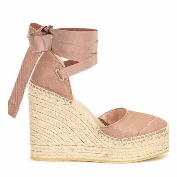 

2023 designer womens wedge platform sandals espadrille shoes real leather ankle lace-up matelasse espadrille ladies high heel 12cm size 35-4, Black