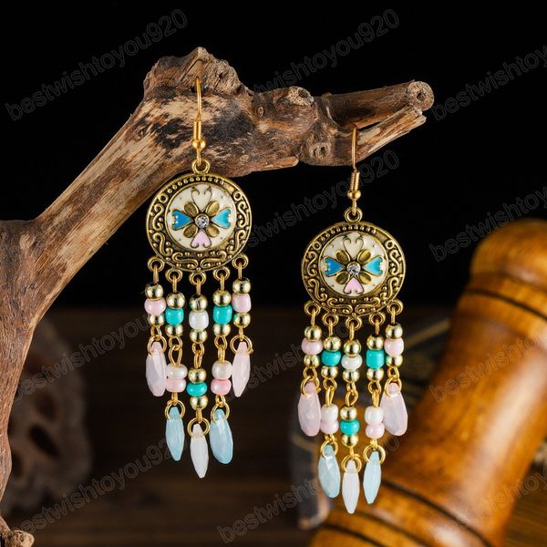 

antique gold alloy long tassel earrings female retro round flower carved water drop bohemian chain dangle earrings for women, Silver