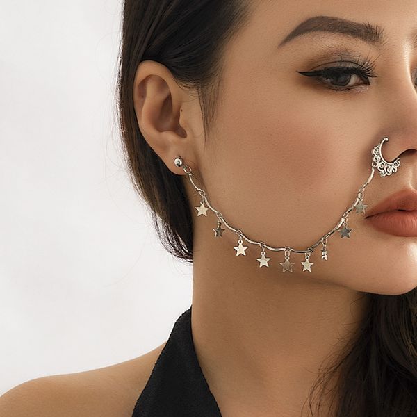 

national wind star moon tassel piercing-nose stud nose decoration sweet cool stud type piercing piercing ring metal nose stud, Golden;silver