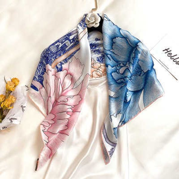 

sarongs 90*90cm peony printed elegant fashion twill weave silk large square scarf women' new decorative scarf shawl women p230323, Blue;gray