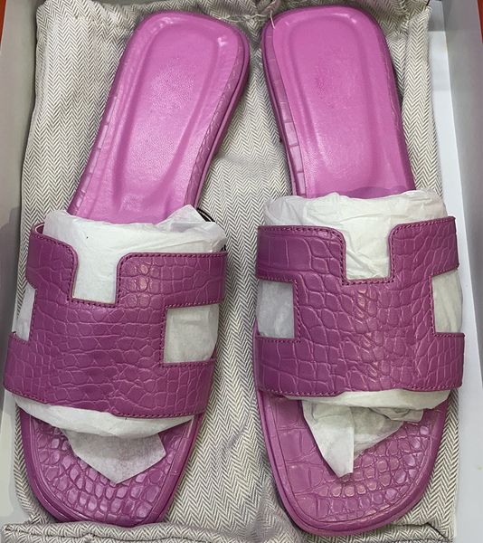 

slipper sandales fashion sandals genuine alligator pattern leather women slippers summer luxury flat slides ladies beach sandal party weddin, Black