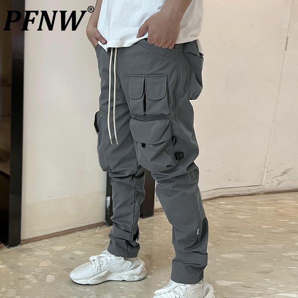

men's pants pfnw 2023 autumn overalls korean fashion brand wide leg multi pocket sports pencil safari style trousers 12a7383 230323, Black
